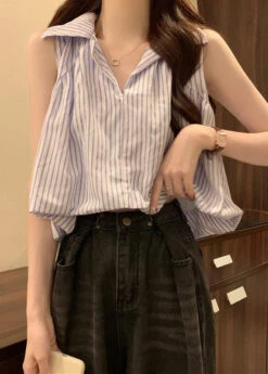 Italian Blue Striped Peter Pan Collar Cotton Blouses Sleeveless OP1037 -Ada Fashion Italian Blue Striped Peter Pan Collar Cotton Blouses Sleeveless4