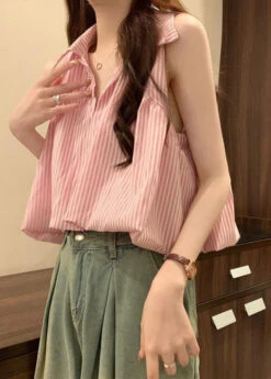 Italian Blue Striped Peter Pan Collar Cotton Blouses Sleeveless OP1037 -Ada Fashion Italian Blue Striped Peter Pan Collar Cotton Blouses Sleeveless5