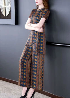 Italian Floral Stand Collar Tops And Pants Patchwork Silk Two Pieces Set Summer LY5965 -Ada Fashion Italian Floral Stand Collar Tops And Pants Patchwork Silk Two Pieces Set Summer4