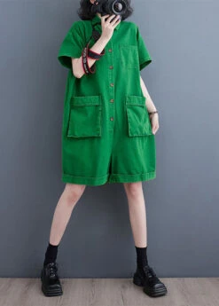 Italian Green Pockets Patchwork Denim Shorts Jumpsuits Summer LY5671