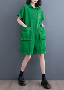 Italian Green Pockets Patchwork Denim Shorts Jumpsuits Summer LY5671 -Ada Fashion Italian Green Pockets Patchwork Denim Shorts Jumpsuits Summer4