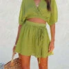 Italian Green V Neck Asymmetrical Solid Top And Shorts Two Piece Set Summer LY3870 -Ada Fashion Italian Green V Neck Asymmetrical Solid Top And Shorts Two Piece Set Summer1