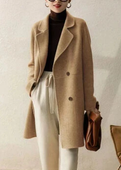 Italian Khaki Peter Pan Collar Pockets Patchwork Woolen Coat Winter ML1148