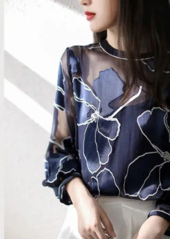 Italian Navy O Neck Print Tulle Patchwork Blouse Top Fall ML2932 -Ada Fashion Italian Navy O Neck Print Tulle Patchwork Blouse Top Fall Ada Fashion 169048492