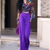 Italian Purple Peter Pan Collar Print Shirts And Wide Leg Pants Two Piece Set Fall ML1573