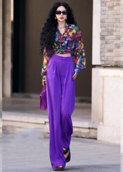 Italian Purple Peter Pan Collar Print Shirts And Wide Leg Pants Two Piece Set Fall ML1573