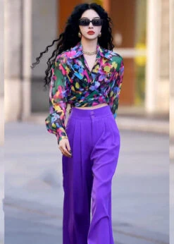 Italian Purple Peter Pan Collar Print Shirts And Wide Leg Pants Two Piece Set Fall ML1573 -Ada Fashion Italian Purple Peter Pan Collar Print Shirts And Wide Leg Pants Two Piece Set Fall3