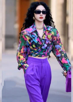 Italian Purple Peter Pan Collar Print Shirts And Wide Leg Pants Two Piece Set Fall ML1573 -Ada Fashion Italian Purple Peter Pan Collar Print Shirts And Wide Leg Pants Two Piece Set Fall4
