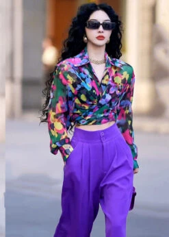 Italian Purple Peter Pan Collar Print Shirts And Wide Leg Pants Two Piece Set Fall ML1573 -Ada Fashion Italian Purple Peter Pan Collar Print Shirts And Wide Leg Pants Two Piece Set Fall5