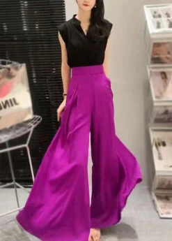 Italian Purple Pockets High Waist Chiffon Wide Leg Pants Summer QQ1044 -Ada Fashion Italian Purple Pockets High Waist Chiffon Wide Leg Pants Summer3