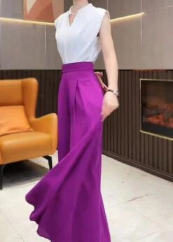 Italian Purple Pockets High Waist Chiffon Wide Leg Pants Summer QQ1044 -Ada Fashion Italian Purple Pockets High Waist Chiffon Wide Leg Pants Summer5