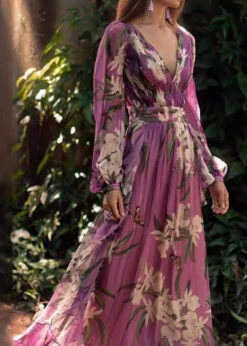 Italian Purple V Neck Print Chiffon Maxi Dresses Long Sleeve WW1047 -Ada Fashion Italian Purple V Neck Print Chiffon Maxi Dresses Long Sleeve3