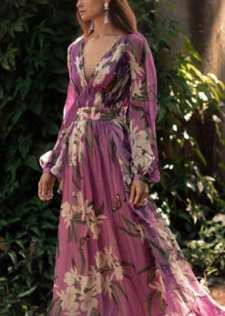 Italian Purple V Neck Print Chiffon Maxi Dresses Long Sleeve WW1047 -Ada Fashion Italian Purple V Neck Print Chiffon Maxi Dresses Long Sleeve4