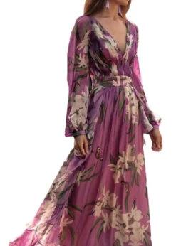 Italian Purple V Neck Print Chiffon Maxi Dresses Long Sleeve WW1047 -Ada Fashion Italian Purple V Neck Print Chiffon Maxi Dresses Long Sleeve5