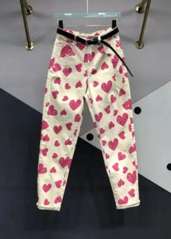 Italian Rose Heart Print Pockets Patchwork Denim Pants Fall ML0789