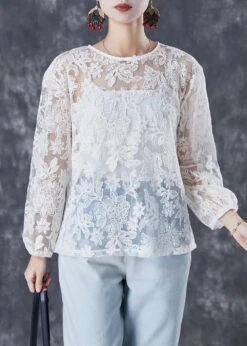 Italian White Embroideried Hollow Out Tulle Two Piece Set Fall ML2998