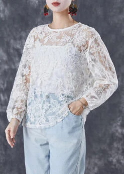 Italian White Embroideried Hollow Out Tulle Two Piece Set Fall ML2998 -Ada Fashion Italian White Embroideried Hollow Out Tulle Two Piece Set Fall Ada Fashion 169064474