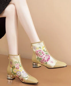 Jacquard Black Zippered Zircon Cowhide Leather Chunky Boots RT1059 -Ada Fashion Jacquard Black Zippered Zircon Cowhide Leather Chunky Boots4