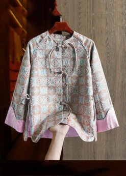 Jacquard Pink Patchwork Side Open Button Silk Coat Fall ML1415