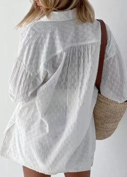 Jacquard White Peter Pan Collar Button Cotton Shirt And Shorts Two Piece Set Summer LY1966 -Ada Fashion Jacquard White Peter Pan Collar Button Cotton Shirt And Shorts Two Piece Set Summer3