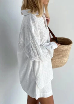 Jacquard White Peter Pan Collar Button Cotton Shirt And Shorts Two Piece Set Summer LY1966 -Ada Fashion Jacquard White Peter Pan Collar Button Cotton Shirt And Shorts Two Piece Set Summer4