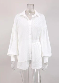 Jacquard White Peter Pan Collar Button Cotton Shirt And Shorts Two Piece Set Summer LY1966 -Ada Fashion Jacquard White Peter Pan Collar Button Cotton Shirt And Shorts Two Piece Set Summer5