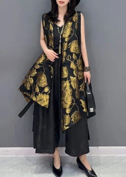 Jacquard Yellow V Neck Patchwork Button Silk Waistcoat Summer LY4411