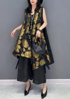 Jacquard Yellow V Neck Patchwork Button Silk Waistcoat Summer LY4411 10 Jacquard Yellow V Neck Patchwork Button Silk Waistcoat Summer LY4411 -Ada Fashion Jacquard Yellow V Neck Patchwork Button Silk Waistcoat Summer4