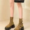 Khaki Boots Faux Leather Buckle Strap