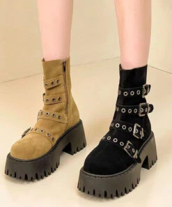 Khaki Boots Faux Leather Buckle Strap -Ada Fashion Khaki Boots Faux Leather Italian Splicing Buckle Strap Ada Fashion 173740014