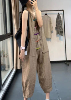 Khaki Pockets Patchwork Linen Jumpsuits Chinese Button SleevelessLY7854
