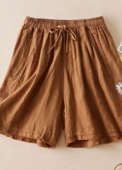 Khaki Pockets Patchwork Linen Shorts Embroideried Cinched Summer LY7144