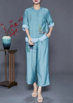 Lake Blue Patchwork Linen Silk Two Piece Set Women Clothing Embroideried Summer LY5593