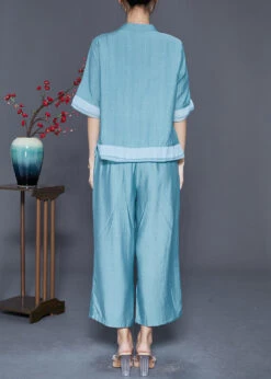 Lake Blue Patchwork Linen Silk Two Piece Set Women Clothing Embroideried Summer LY5593 -Ada Fashion Lake Blue Patchwork Linen Silk Two Piece Set Women Clothing Embroideried Summer4