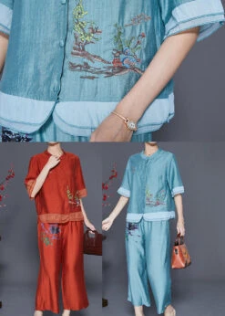 Lake Blue Patchwork Linen Silk Two Piece Set Women Clothing Embroideried Summer LY5593 -Ada Fashion Lake Blue Patchwork Linen Silk Two Piece Set Women Clothing Embroideried Summer5