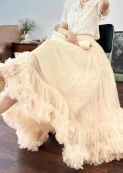 Loose Apricot Ruffled Elastic Waist Tulle Skirts Summer AH449