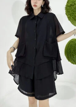 Loose Black Asymmetrical Patchwork Shirts And Shorts Cotton Two Pieces Set Summer LY9496
