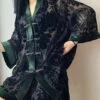 Loose Black Chinese Button Patchwork Tops And Shorts Velour Two Pieces Set Bracelet Sleeve LY8964
