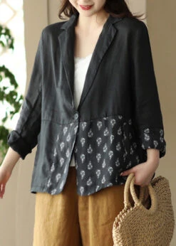 Loose Light Green Patchwork Print Ramie Coats Spring LY5051 -Ada Fashion Loose Black Peter Pan Collar Patchwork Print Ramie Coats Spring3