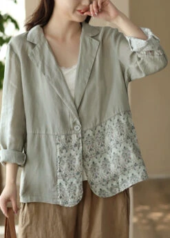 Loose Light Green Patchwork Print Ramie Coats Spring LY5051 -Ada Fashion Loose Black Peter Pan Collar Patchwork Print Ramie Coats Spring4