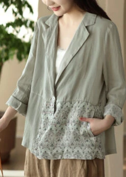 Loose Light Green Patchwork Print Ramie Coats Spring LY5051 -Ada Fashion Loose Black Peter Pan Collar Patchwork Print Ramie Coats Spring5