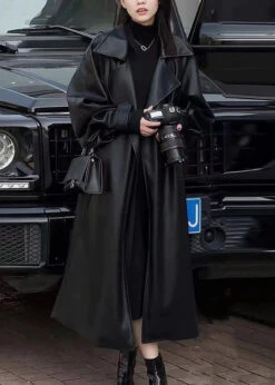 Loose Black Peter Pan Collar Patchwork Thick Faux Leather Trench Coats Winter ML2746 -Ada Fashion Loose Black Peter Pan Collar Patchwork Thick Faux Leather Trench Coats Winter Ada Fashion 168487639