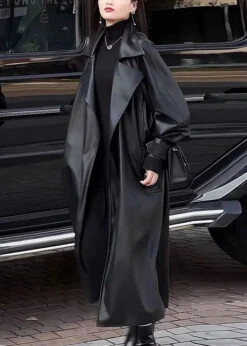 Loose Black Peter Pan Collar Patchwork Thick Faux Leather Trench Coats Winter ML2746 -Ada Fashion Loose Black Peter Pan Collar Patchwork Thick Faux Leather Trench Coats Winter Ada Fashion 168487777