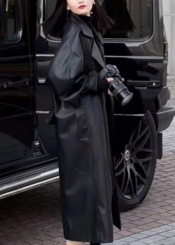 Loose Black Peter Pan Collar Patchwork Thick Faux Leather Trench Coats Winter ML2746 -Ada Fashion Loose Black Peter Pan Collar Patchwork Thick Faux Leather Trench Coats Winter Ada Fashion 168487812