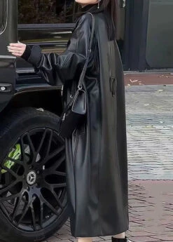 Loose Black Peter Pan Collar Patchwork Thick Faux Leather Trench Coats Winter ML2746 -Ada Fashion Loose Black Peter Pan Collar Patchwork Thick Faux Leather Trench Coats Winter Ada Fashion 168487929