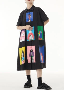 Loose Black Print Button Patchwork Cotton Shirts Long Dresses Summer LY9296 -Ada Fashion Loose Black Print Button Patchwork Cotton Shirts Long Dresses Summer3