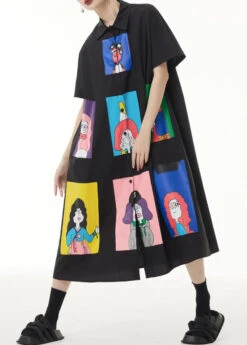 Loose Black Print Button Patchwork Cotton Shirts Long Dresses Summer LY9296 -Ada Fashion Loose Black Print Button Patchwork Cotton Shirts Long Dresses Summer4
