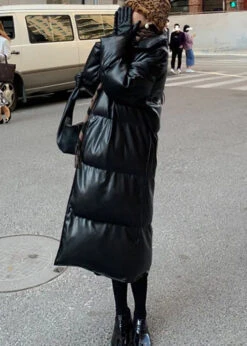 Faux Leather Fine Cotton Filled Winter Coats -Ada Fashion Loose Black Stand Collar Faux Leather Fine Cotton Filled Winter Coats Winter Ada Fashion 177586312