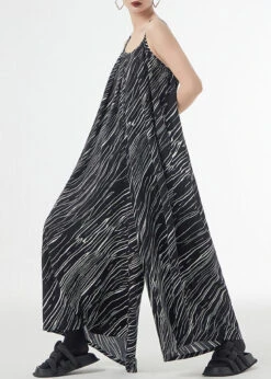 Loose Black Striped Patchwork Silk Cotton Wide Leg Jumpsuits Sleeveless LY9342 -Ada Fashion Loose Black Striped Patchwork Silk Cotton Wide Leg Jumpsuits Sleeveless3