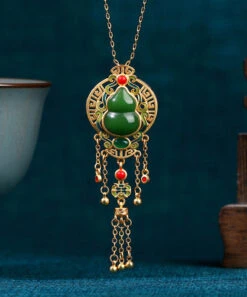 Loose Blackish Green Ancient Gold Jade Agate Tassel Pendant Necklace KX1068 -Ada Fashion Loose Blackish Green Ancient Gold Jade Agate Tassel Pendant Necklace3